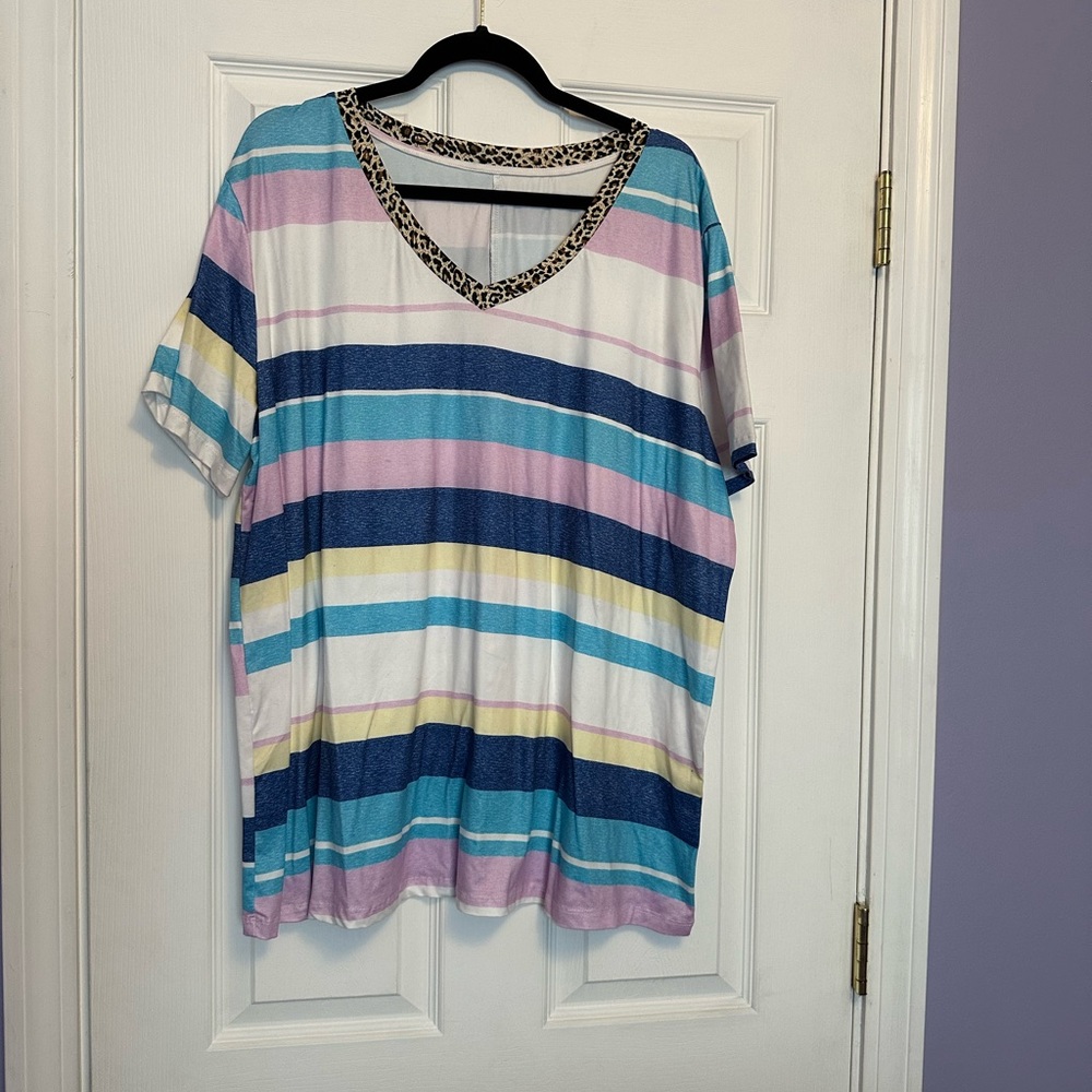 Striped Shirt with Leopard V-neck